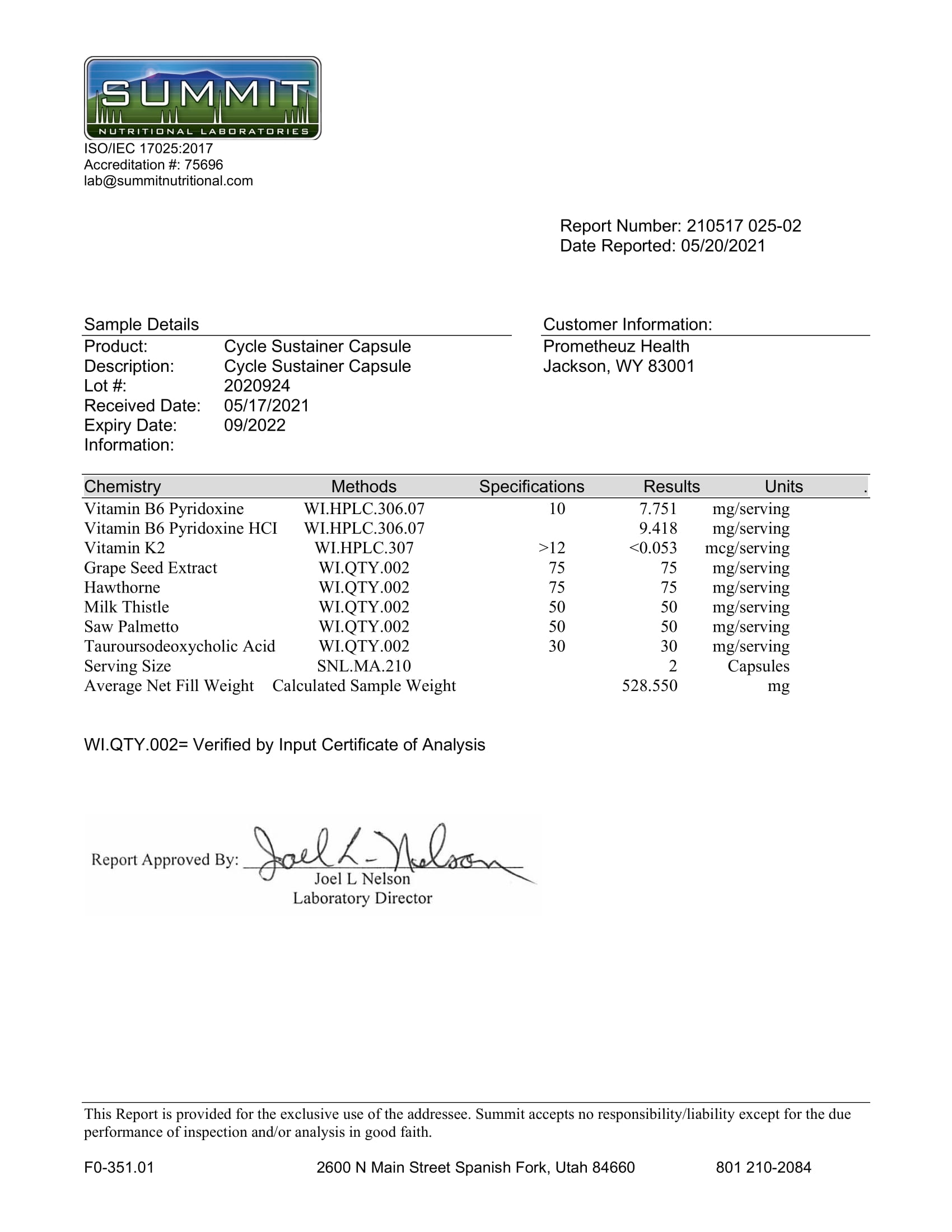 Cycle Sustainer Capsules 4 Certificate of analysis for Cycle Sustainer Capsules