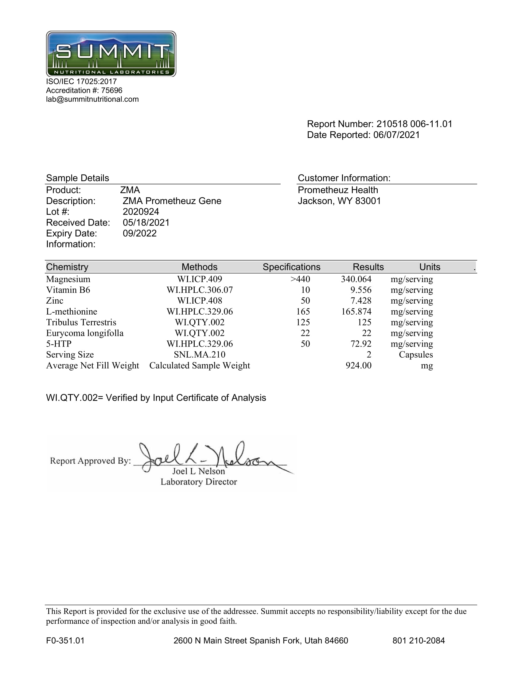 PRZMA Prometheuz Gene 2 COA of ZMA